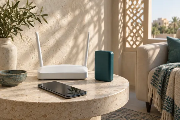 Illustrative router, phone and backup battery in a contemporary home.